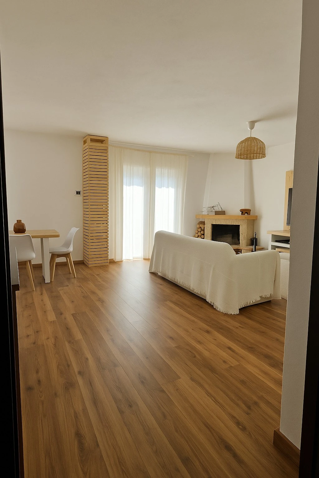 La zona giorno vista dall’ingresso, con soggiorno e camino