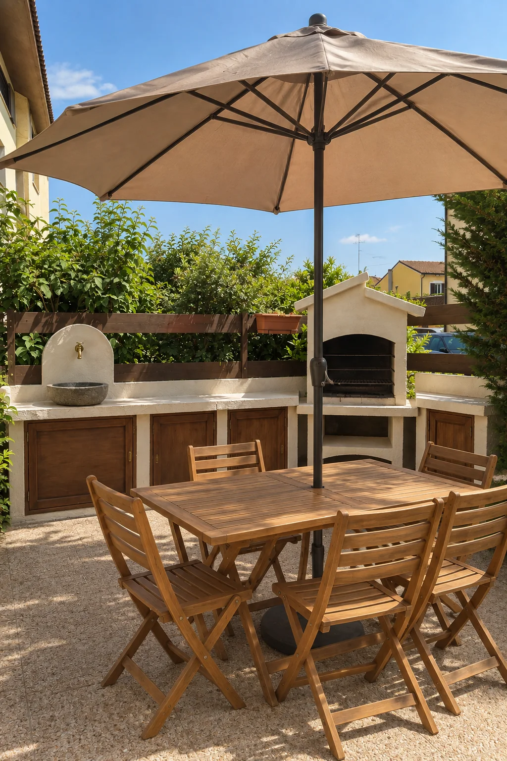 Il tavolo da pranzo e il barbecue in giardino